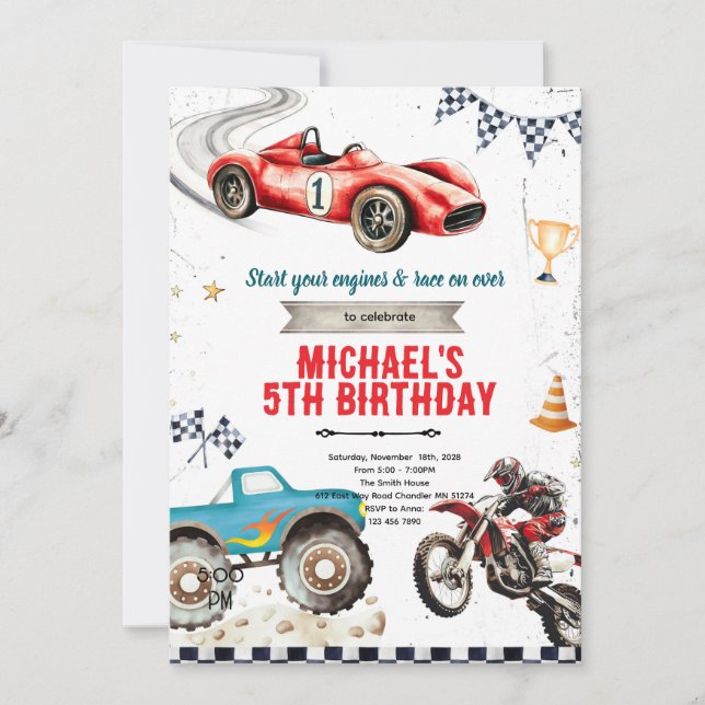 Monster truck Dirt Bikes and race car theme invite Einladung (Vorderseite)
