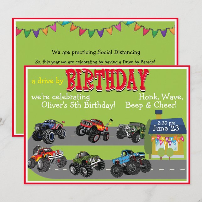 Monster Truck Drive By Birthday Parade Invitation (Devant / Derrière)