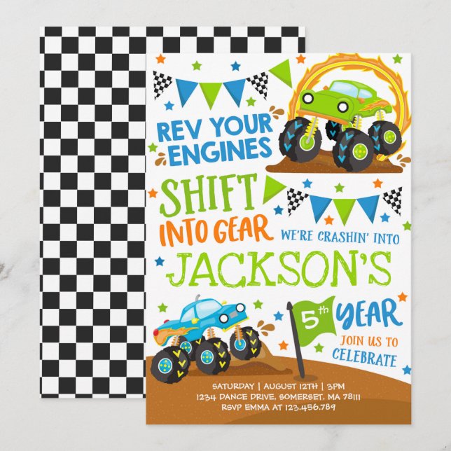 Monster Truck Einladung Monster Truck Geburtstag (Vorne/Hinten)