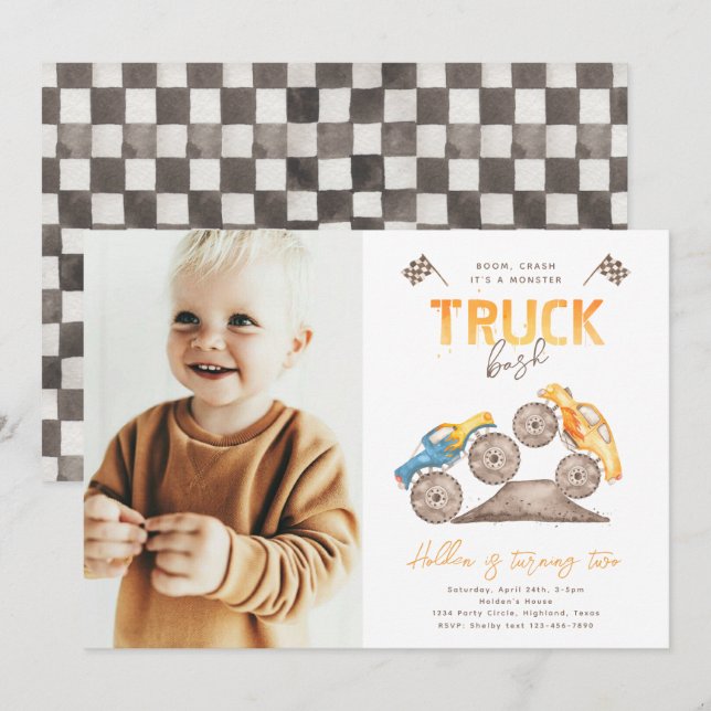 Monster Truck Einladung zum Geburtstag | Monster T (Vorne/Hinten)