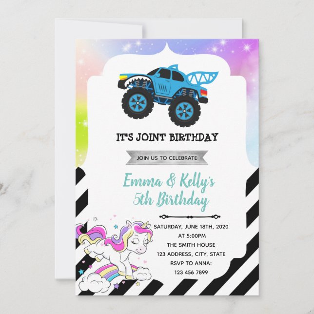 Monster truck et unicorne coparty Invitation (Devant)