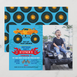 Monster Truck Geburtstagsparty Flames Big Foto Blu Einladung