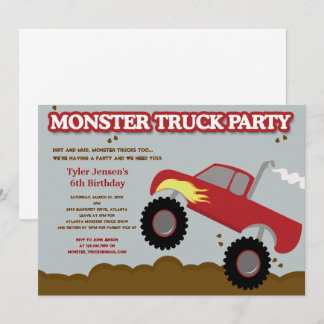 Monster Truck Geburtstagsparty (Rot / Grau Farben) Einladung