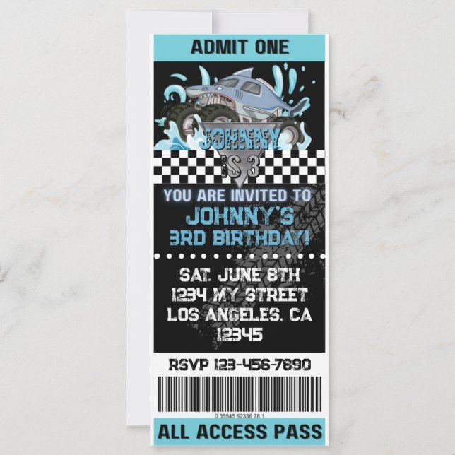 Monster Truck Hai Einladung (Vorderseite)