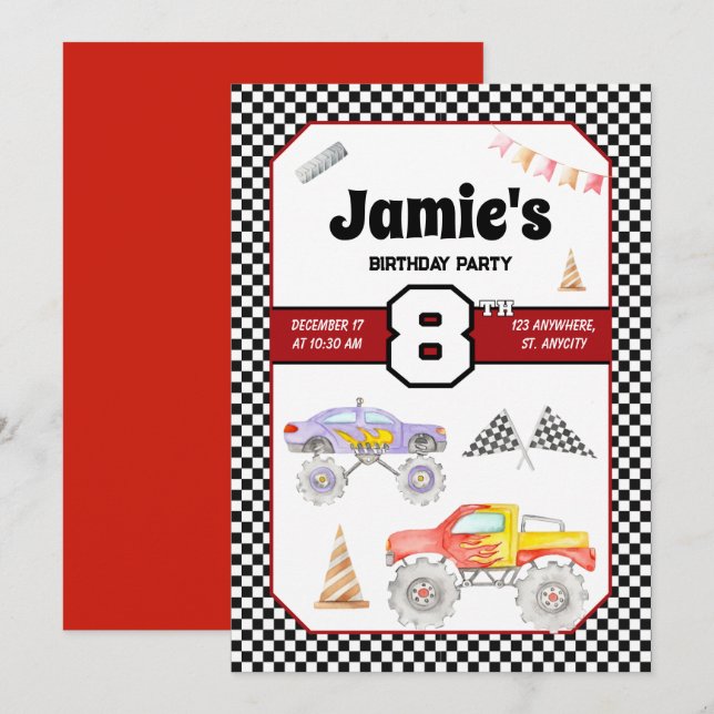 Monster Truck Invitation du 8e anniversaire (Devant / Derrière)
