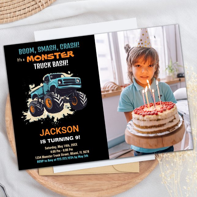 Monster Truck Invitations Anniversaire Black w pho (Monster Truck Birthday Invitations Black w photo)