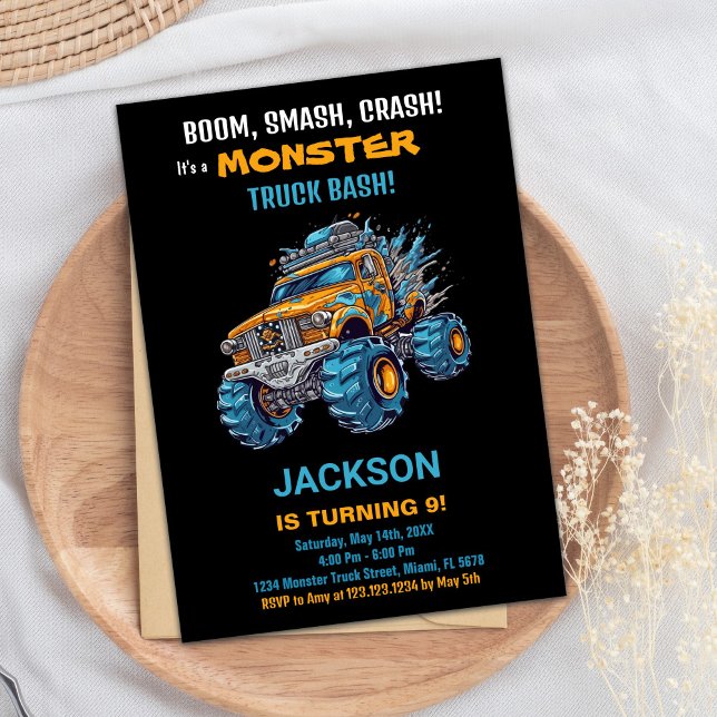 Monster Truck Invitations Anniversaire Bleu noir (Monster Truck Birthday Invitations Blue Black)