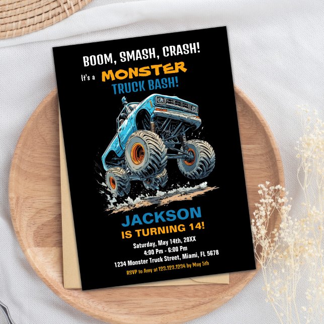 Monster Truck Invitations Anniversaire Blue Jump (Monster Truck Birthday Invitations Blue Jump)