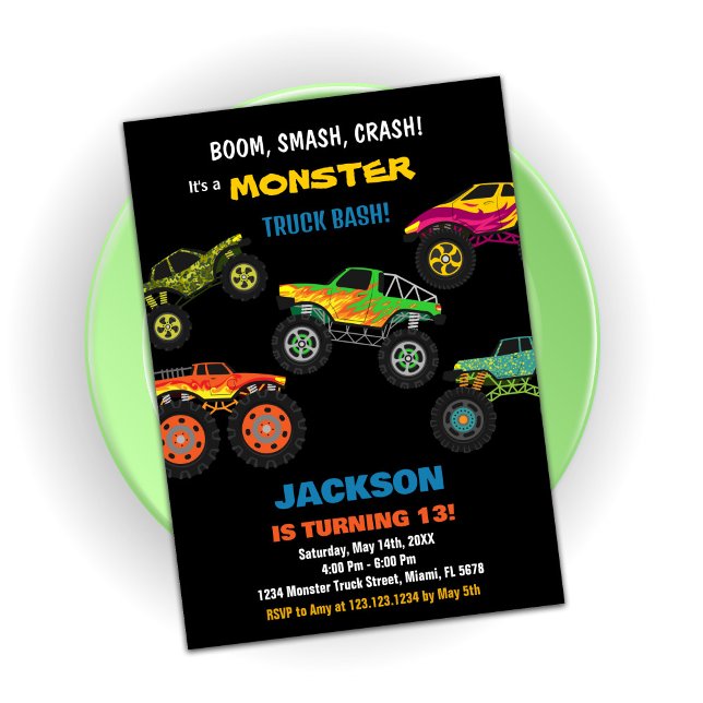 Monster Truck Invitations Anniversaire Couleur Noi (Monster Truck Birthday Invitations Colours Black)
