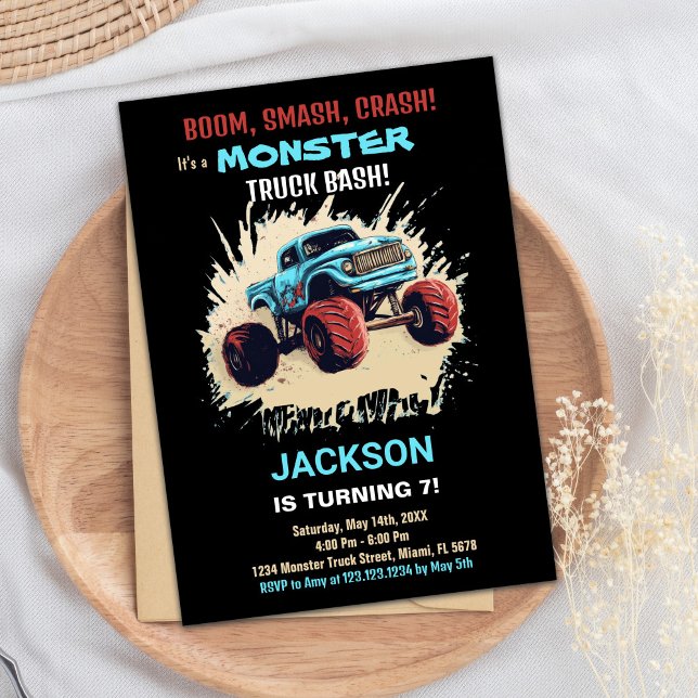 Monster Truck Invitations Anniversaire Noir (Monster Truck Birthday Invitations Black)