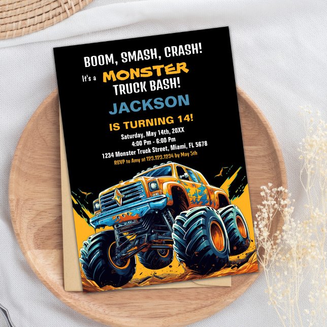 Monster Truck Invitations Anniversaire Orange BC (Monster Truck Birthday Invitations Orange BC)