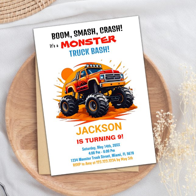 Monster Truck Invitations Anniversaire Orange Blan (Monster Truck Birthday Invitations Orange White)