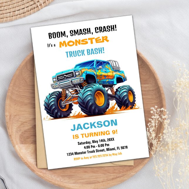Monster Truck Invitations Anniversaire Orange Blue (Monster Truck Birthday Invitations Orange Blue)