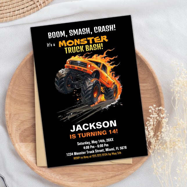 Monster Truck Invitations Anniversaire Orange Fire (Monster Truck Birthday Invitations Orange Fire)