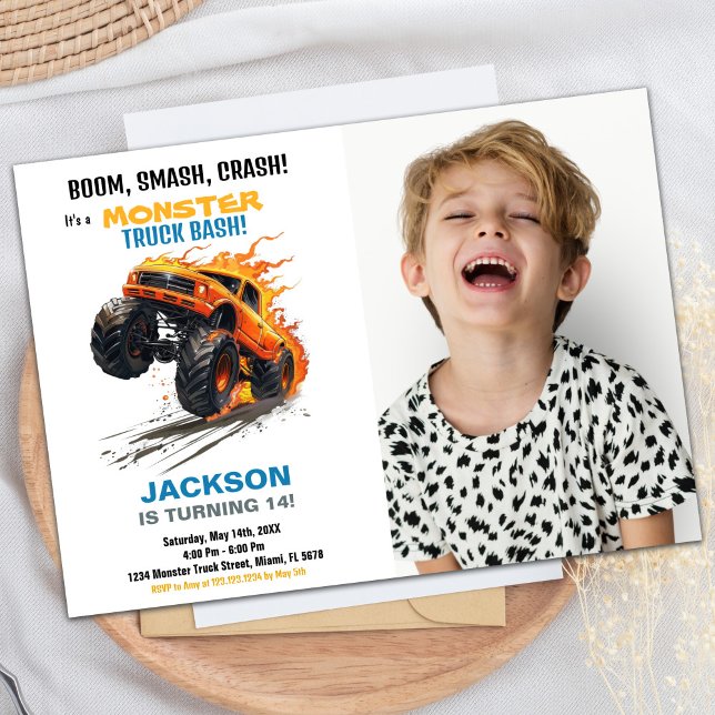 Monster Truck Invitations Anniversaire Photo Bleue (Monster Truck Birthday Invitations Blue Photo)