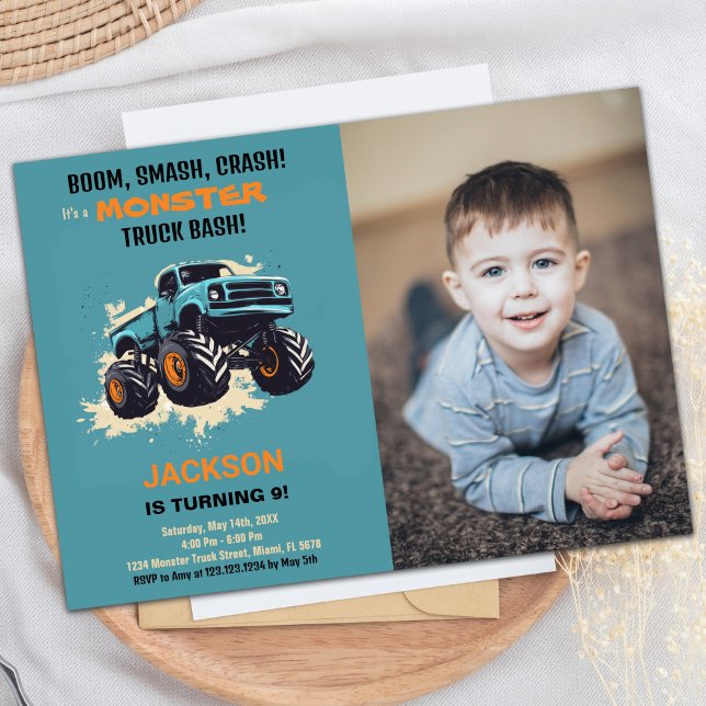 Monster Truck Invitations Anniversaire Photo bleue (Monster Truck Birthday Invitations Blue photo)