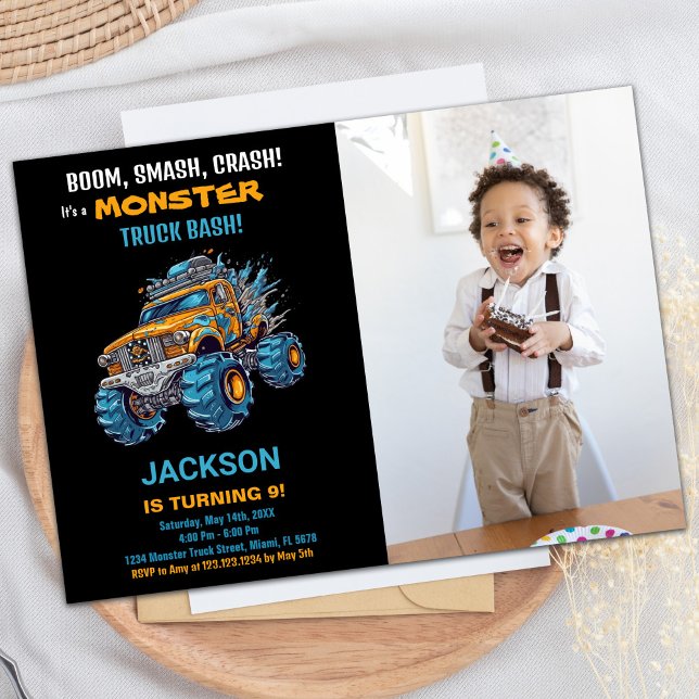 Monster Truck Invitations Anniversaire Photo Bleue (Monster Truck Birthday Invitations Blue Photo)