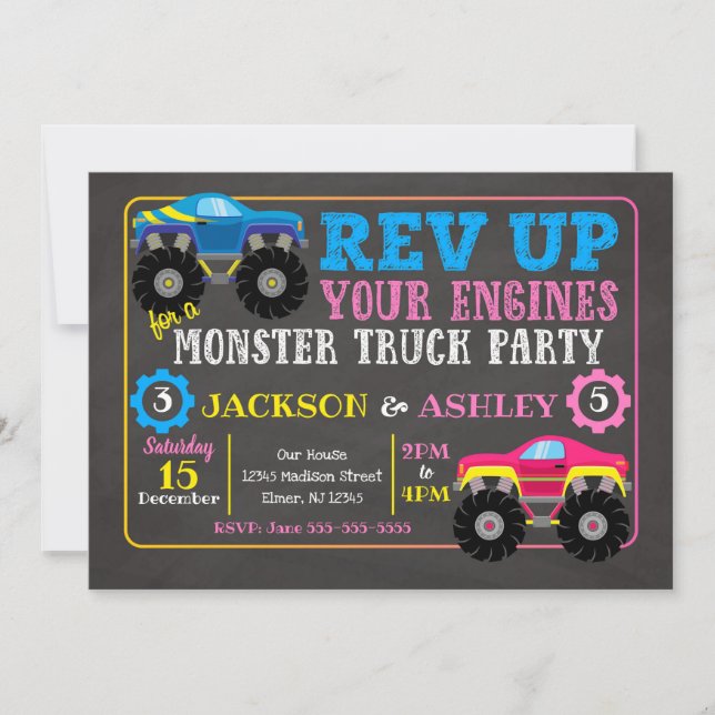 Monster Truck Joint Birthday Invitation / Boy Girl Einladung (Vorderseite)