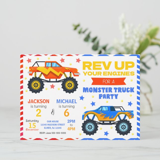 Monster Truck Joint Birthday Invitation Siblings (Debout devant)