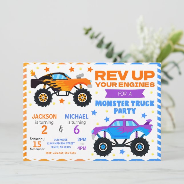 Monster Truck Joint Birthday Invitation Siblings (Debout devant)