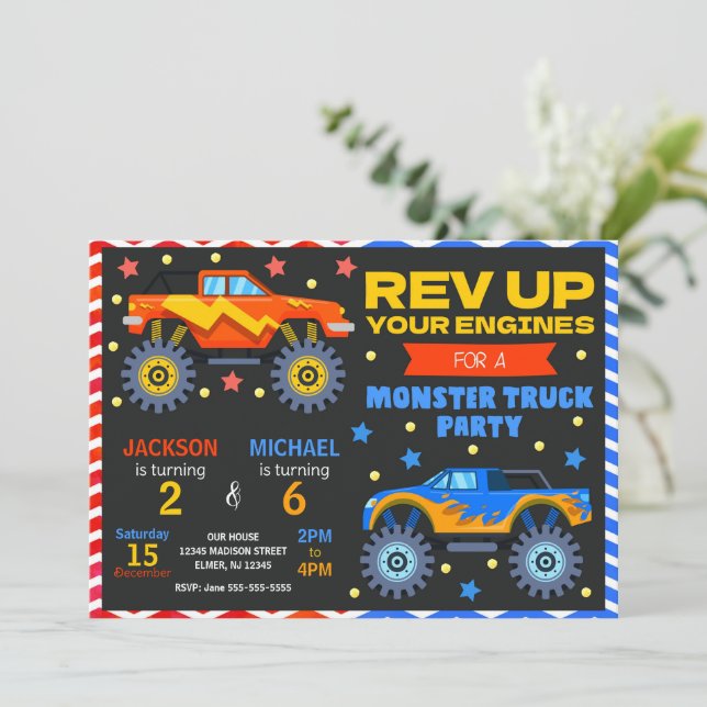 Monster Truck Joint Birthday Invitation Siblings (Debout devant)