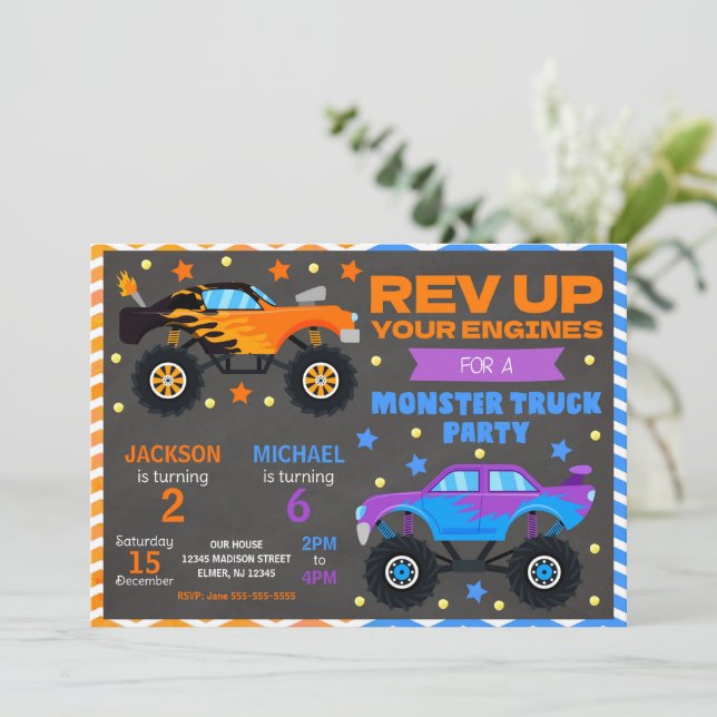 Monster Truck Joint Birthday Invitation Siblings Einladung (Stehend Vorderseite)