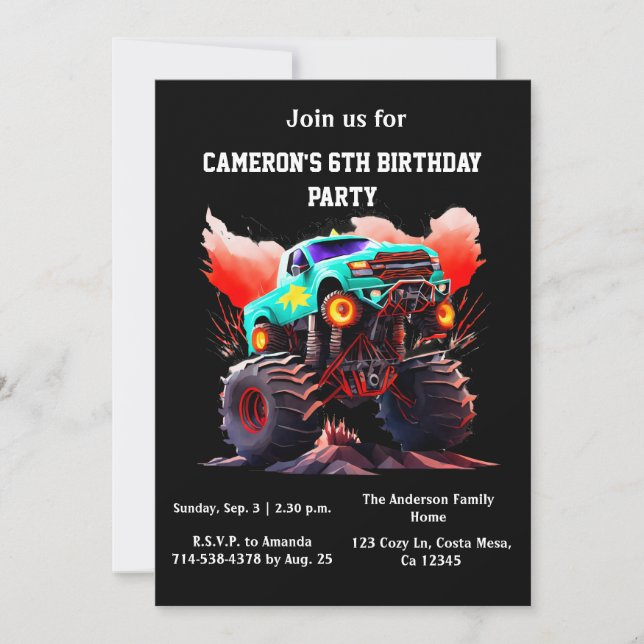 Monster Truck Kindergeburtstag Party Einladung (Vorderseite)