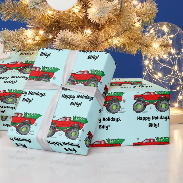 Monster Truck mit Weihnachtsbaum-Namen anpassen Geschenkpapier (Feiertage)