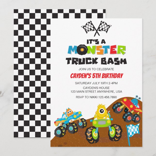 Monster Truck Monsters Geburtstag Einladung (Vorne/Hinten)