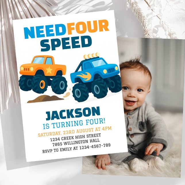 Monster Truck Need Four Speed Birthday Foto Einladung (Von Creator hochgeladen)