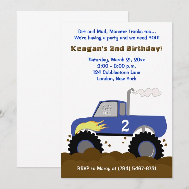 Monster Truck Photo Anniversaire Invitation (Bleu) (Devant / Derrière)