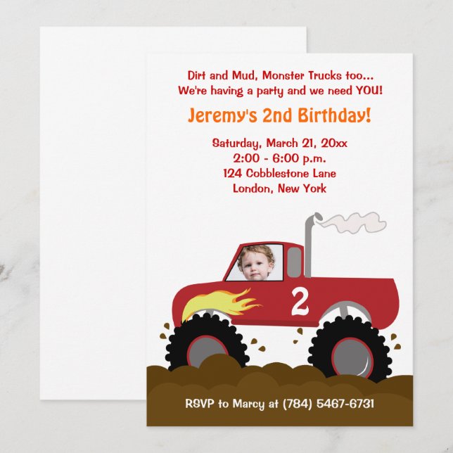 Monster Truck Photo Anniversaire Invitation (Rouge (Devant / Derrière)