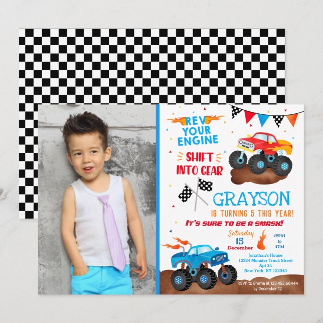 Monster Truck Photo Invitations de fête d'annivers (Devant / Derrière)