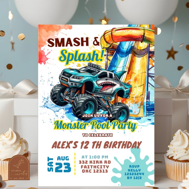 Monster Truck Pool Party Anniversaire Invitation (Créateur téléchargé)