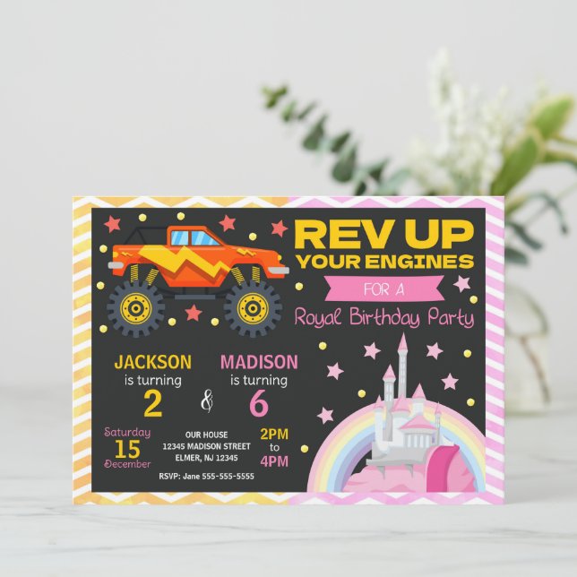 Monster Truck & Princess Joint Birthday Invitation (Debout devant)