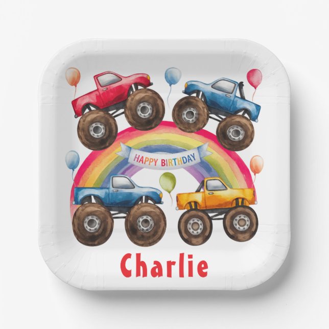 Monster Truck Rainbow Boy Birthday Bash Pappteller (Vorderseite)
