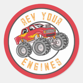 Monster Truck Rev Deine Motoren Geburtstagsparty Runder Aufkleber