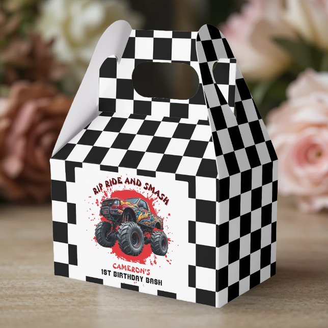 Monster Truck Smash Checkered Flag 1. Geburtstag Geschenkschachtel (Monster Truck Smash Checkered Flag 1st Birthday Favor Boxes
)