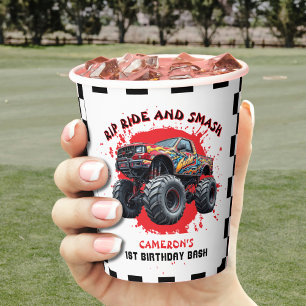 Monster Truck Smash Checkered Flag 1. Geburtstag Pappbecher