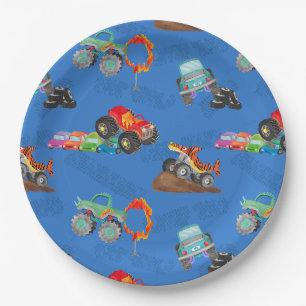 Monster Truck Stunts Aquarellmuster Blau Pappteller