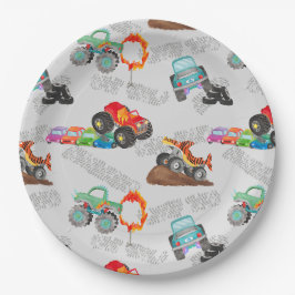 Monster Truck Stunts Aquarellmuster Grau Pappteller