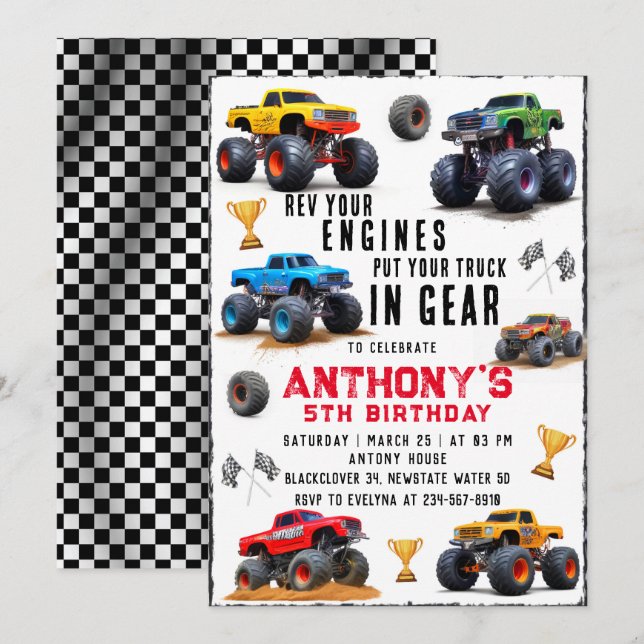 Monster Truck Team Anniversaire Fête Invitation (Devant / Derrière)