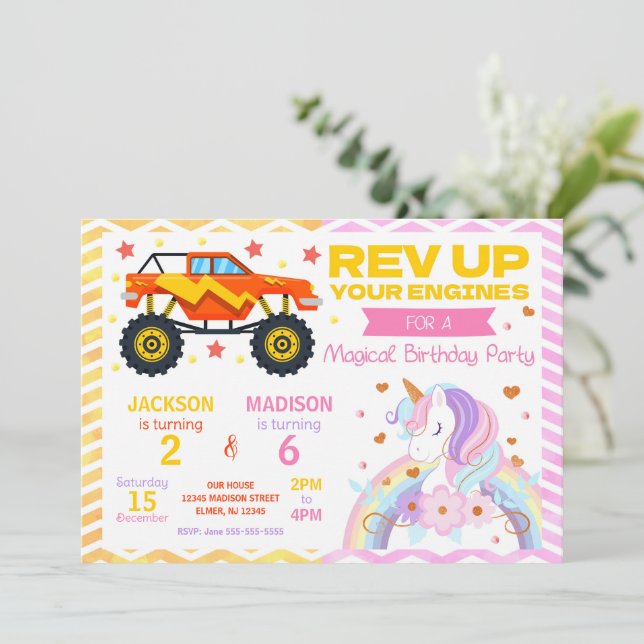 Monster Truck & Unicorn Joint Birthday Invitation Einladung (Stehend Vorderseite)