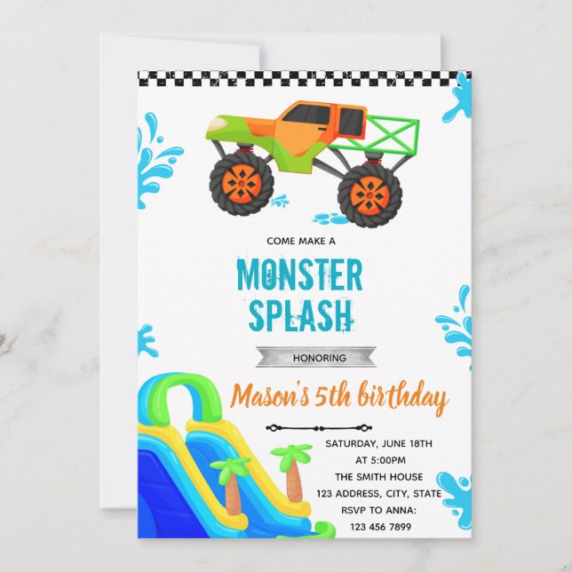 Monster Truck Wasserrutschbecken Party Einladung (Vorderseite)