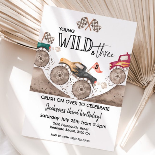 Monster Truck YOUND WILD & THREE 3rd birthday kids Einladung (Young Wild and three monster truck birthday invitation)