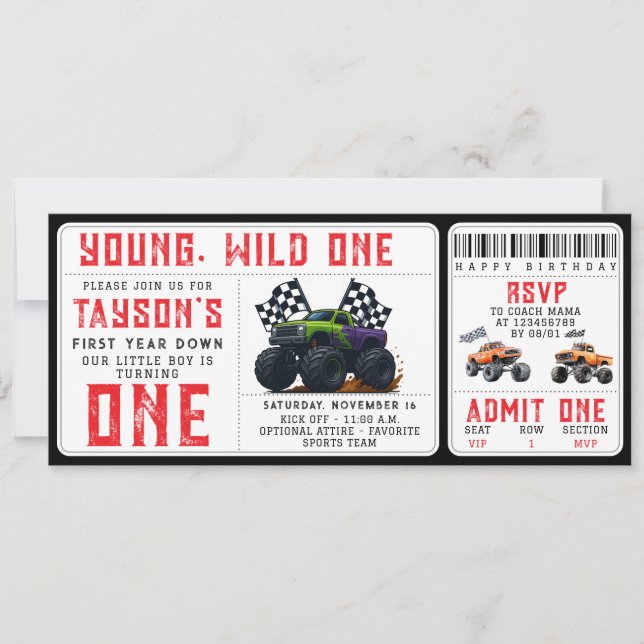 Monster Trucks 1st Birthday Ticket Invitation  Einladung (Vorderseite)