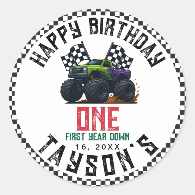 Monster Trucks 1st Birthday Vroom Party Runder Aufkleber (Vorderseite)