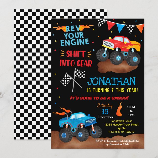Monster Trucks Invitations d'anniversaire pour gar (Devant / Derrière)