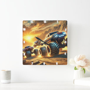 Monster Trucks Racing in einer Wüste bei Sonnenunt Quadratische Wanduhr