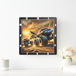 Monster Trucks Racing in einer Wüste bei Sonnenunt Quadratische Wanduhr